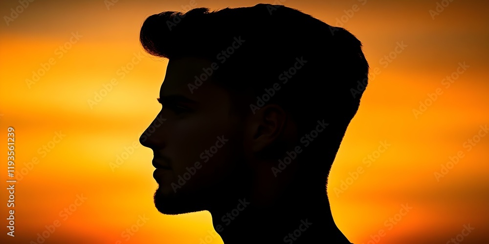 A silhouetted profile of a man against a vibrant sunset sky. Concept Silhouette Photography, Vibrant Sunset, Profile Portrait, Nature's Beauty, Creative Lighting A silhouetted profile of a man against a vibrant sunset sky. Concept Silhouette Photography, Vibrant Sunset, Profile Portrait, Nature's Beauty, Creative Lighting