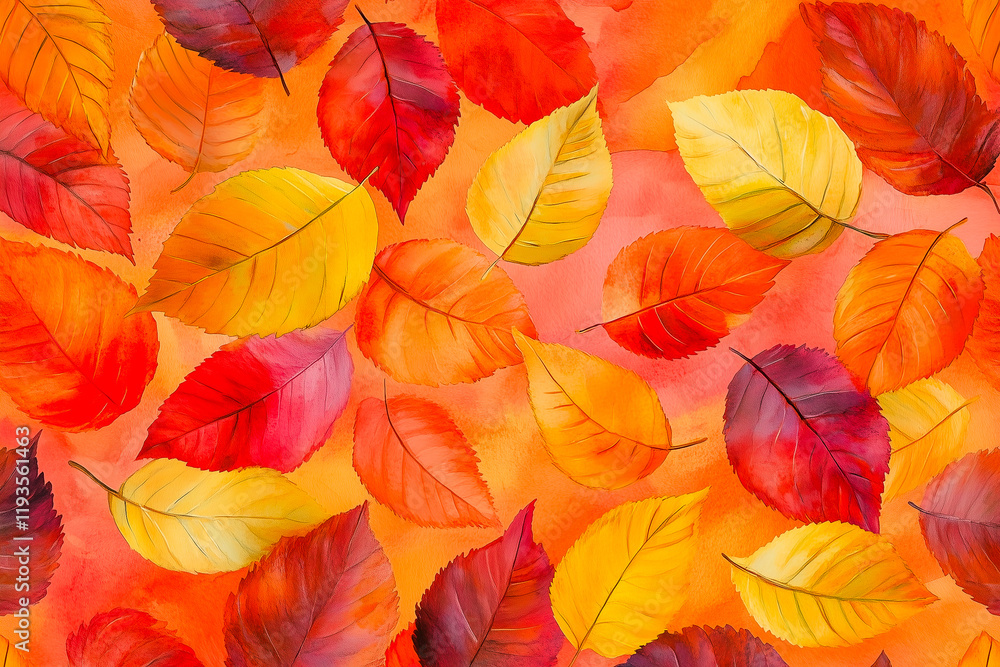 Obraz premium Hand drawn watercolor background of autumn leaves red, yellow and orange. Invitation card template with autumn leaves. Floral background for greeting card design