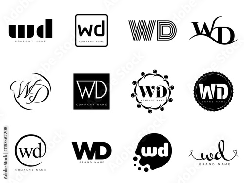 WD logo company template. Letter w and d logotype. Set different classic serif lettering and modern bold text with design elements. Initial font typography.