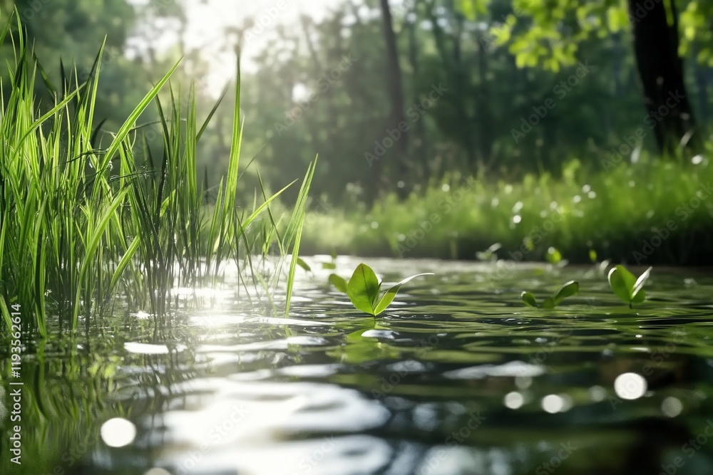 Fototapeta premium Calm stream, sunlit forest, tranquil nature, background blur, serenity