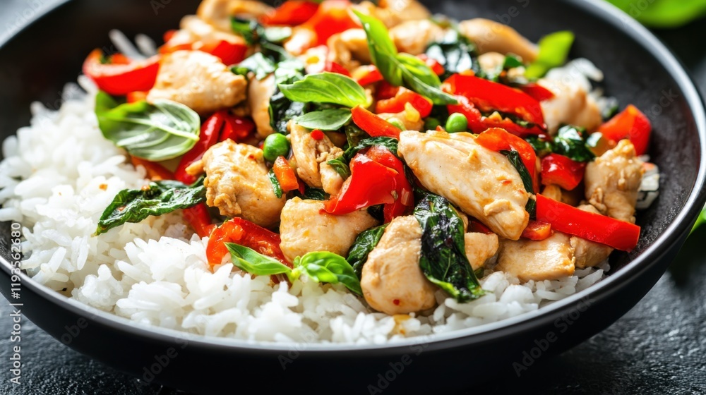 Close-up of rice and spicy Thai basil chicken with bell peppers and chili in a black bowl, emphasizing spicy and aromatic qualities. Ideal for Thai cuisine and flavorful meals. Close-up of rice and spicy Thai basil chicken with bell peppers and chili in a black bowl, emphasizing spicy and aromatic qualities. Ideal for Thai cuisine and flavorful meals.