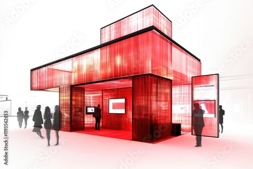Red translucent exhibition booth design, convention center, people visiting, blurred background
