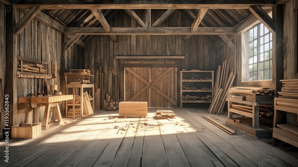 A rustic woodworking barn with planks, saws, and a project in progress A rustic woodworking barn with planks, saws, and a project in progress