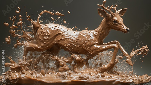 Chocolate deer leaping through splashing liquid. photo