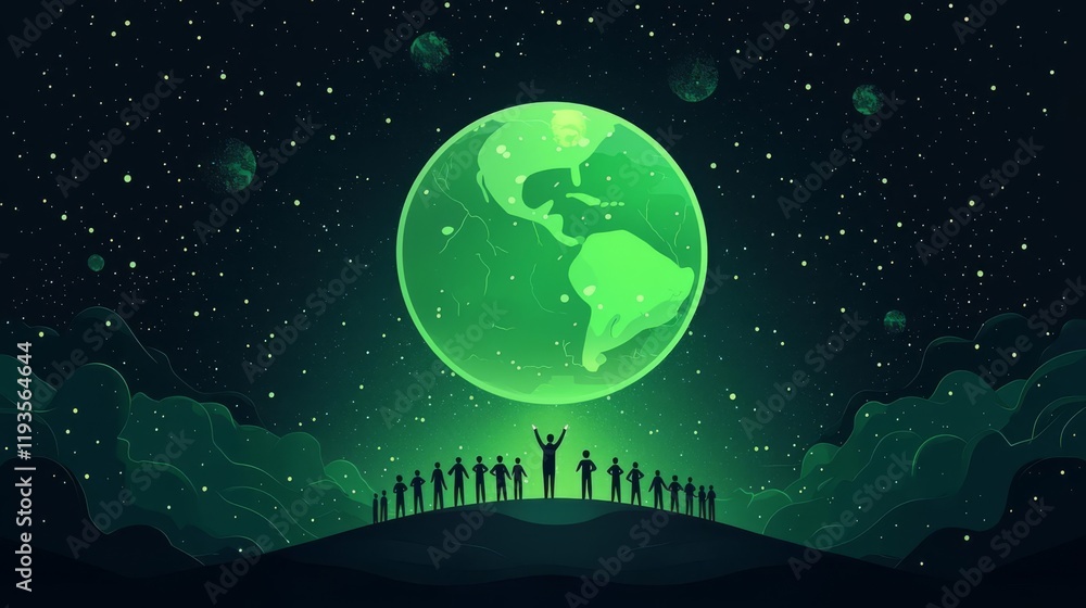 Naklejka premium A group celebrating under a glowing green planet at night.