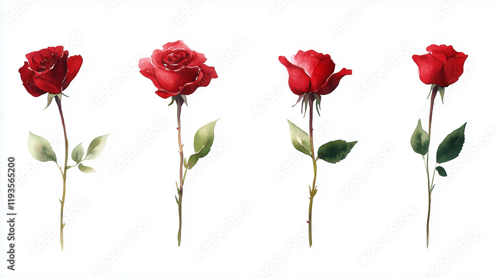 Obraz premium Watercolor set of crimson roses flowers isolated on white background