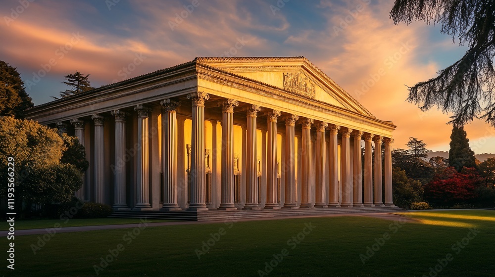 Obraz premium Grecian Temple at Sunset Golden Light Illuminates Columns