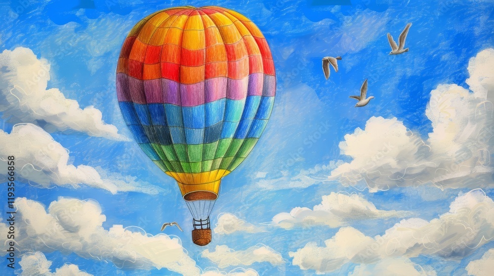 Fototapeta premium A colorful hot air balloon soars through a bright blue sky filled with fluffy clouds and birds.