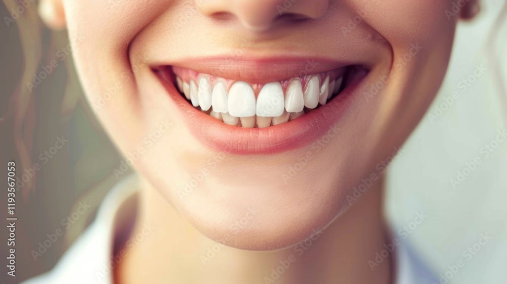 Obraz premium close up of smiling woman showcasing her bright, white teeth and healthy gums, radiating happiness and confidence
