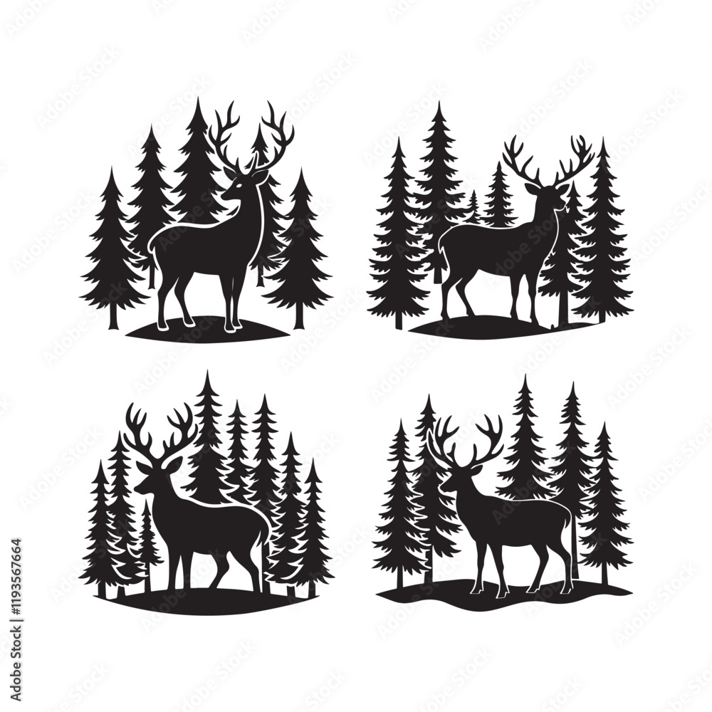 Obraz premium set of deer with pine trees and forest silhouette, black and white silhouette, vector and illustration