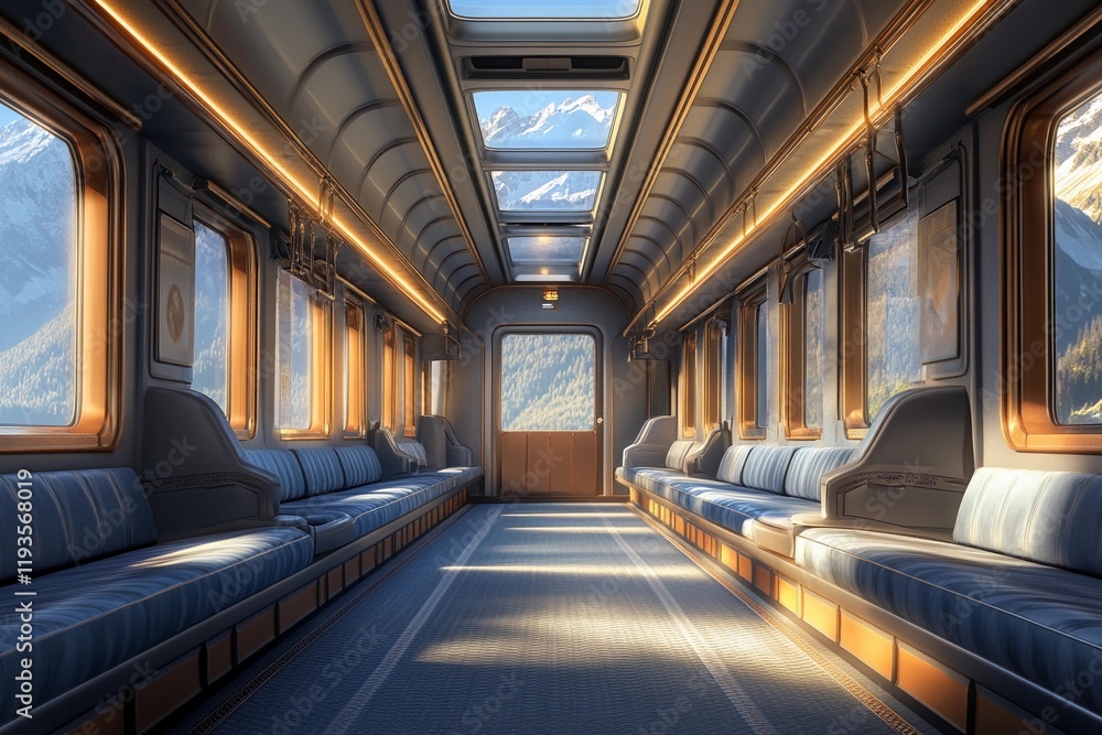 Fototapeta premium The luxurious interior of a passenger train features plush, comfortable seats, designed to provide an upscale travel experience with maximum comfort and style.