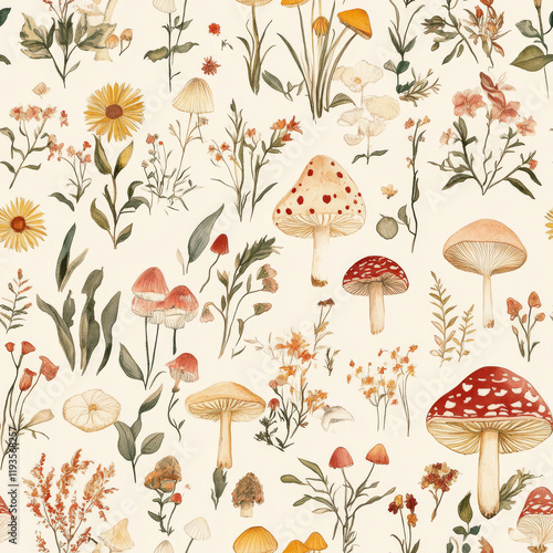 Autumnal Floral & Fungi: A whimsical seamless pattern bursting with vibrant autumn colors, featuring intricate watercolor illustrations of mushrooms, wildflowers, and foliage.