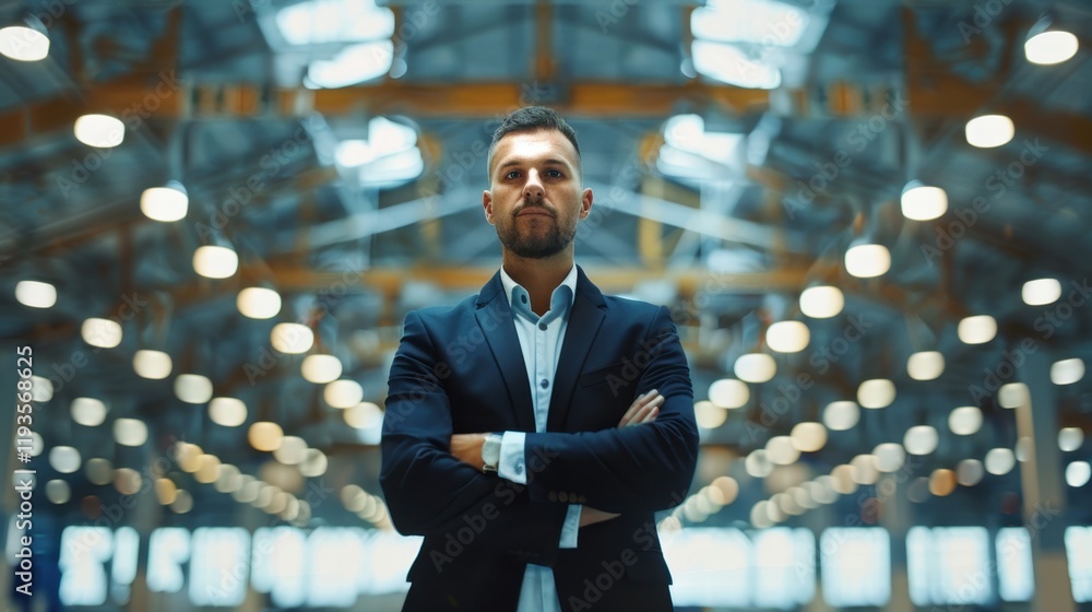 confident man in suit stands with arms crossed in spacious industrial setting, showcasing determination and professionalism confident man in suit stands with arms crossed in spacious industrial setting, showcasing determination and professionalism