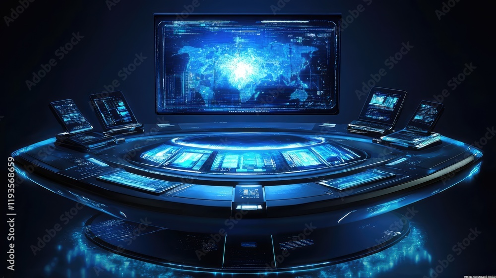 Futuristic desktop setup with levitating computing modules and a holographic central screen Futuristic desktop setup with levitating computing modules and a holographic central screen