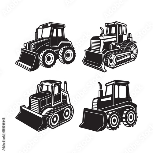 set of bulldozer silhouette, black and white silhouette, vector and illustration