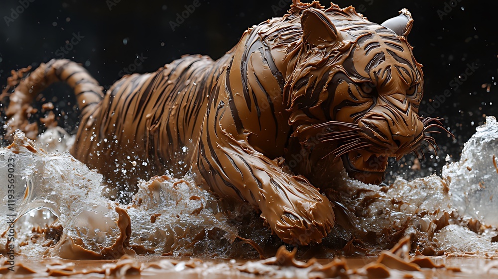 Chocolate tiger splashing in creamy puddle. Chocolate tiger splashing in creamy puddle.