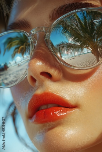 Close-up photo of a beautiful young woman wearing sunglasses, reflecting tropical beach. photo