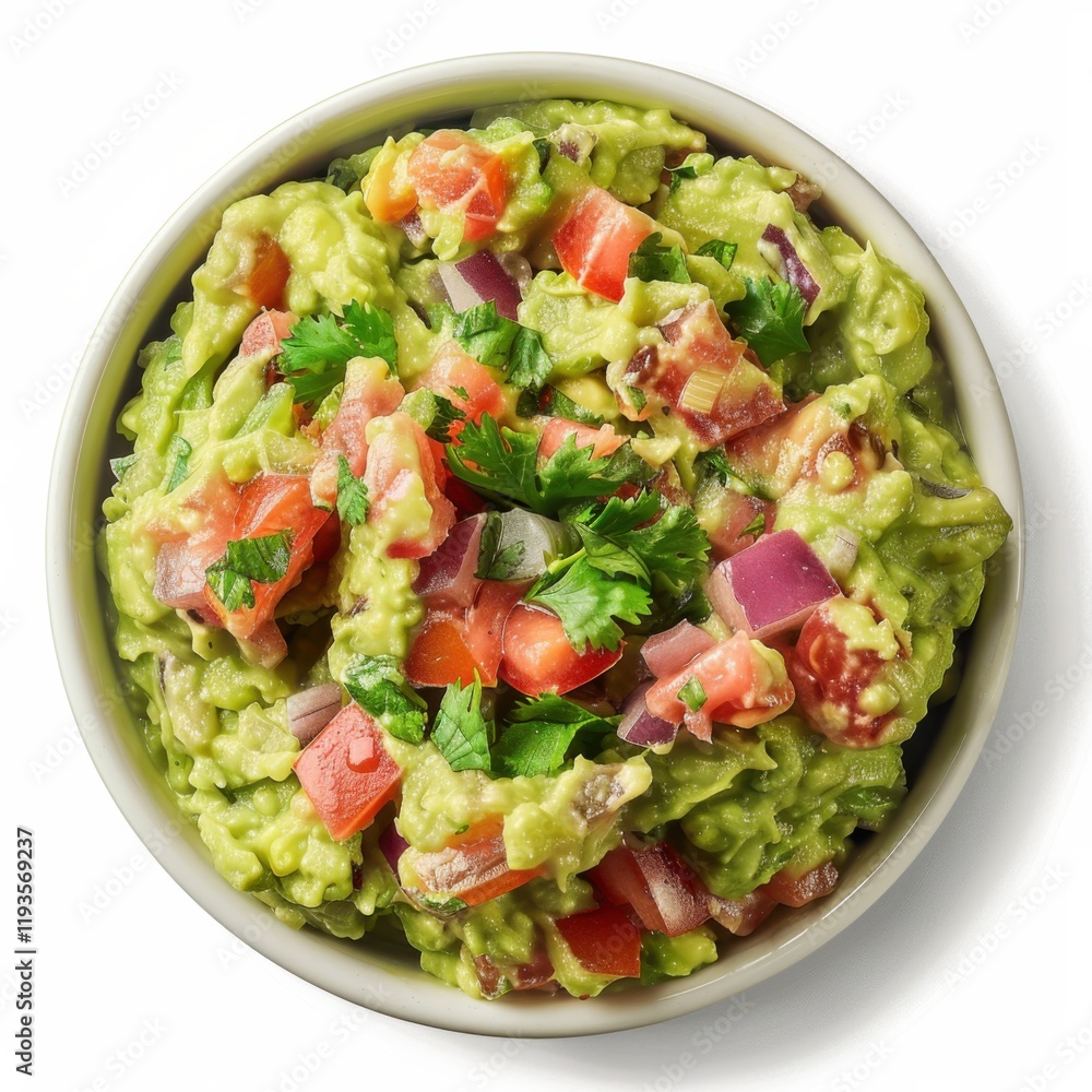 A bowl of fresh guacamole with diced tomatoes, onions, and cilantro A bowl of fresh guacamole with diced tomatoes, onions, and cilantro