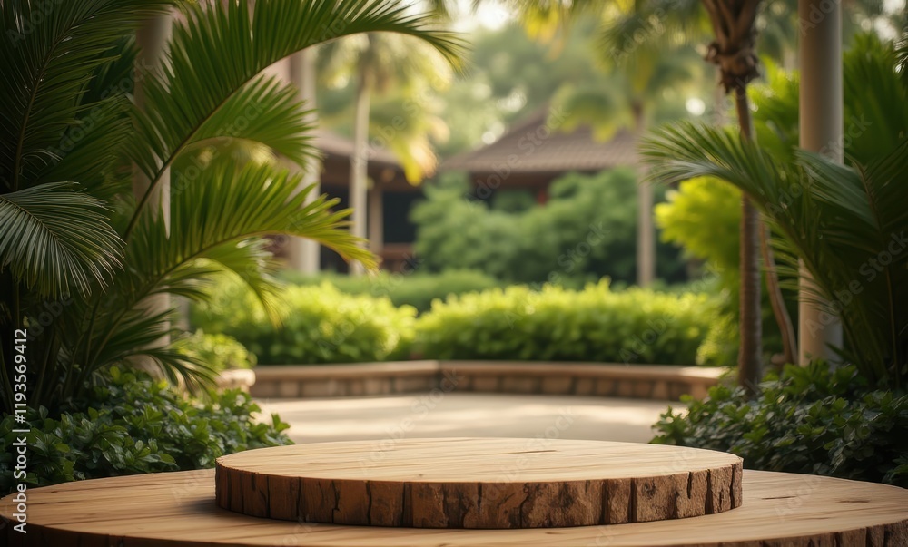 Serene wooden platform surrounded by greenery Serene wooden platform surrounded by greenery