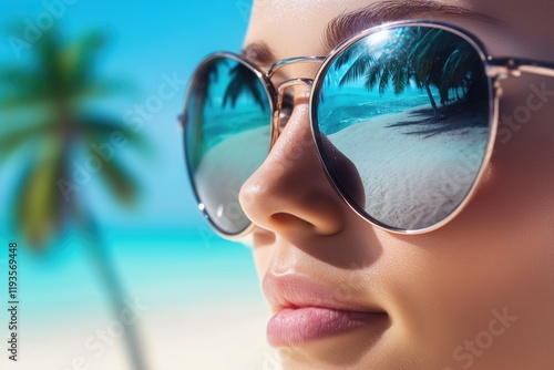 Close-up photo of a beautiful young woman wearing sunglasses, reflecting tropical beach. photo