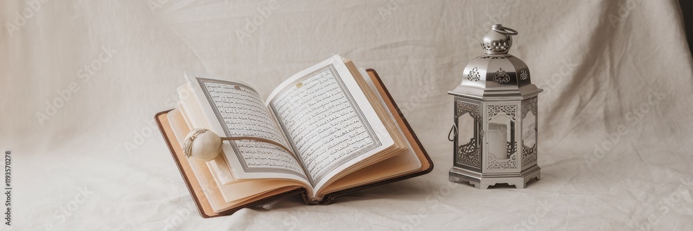 Fototapeta premium Quran and Ornate Lantern on Beige Fabric