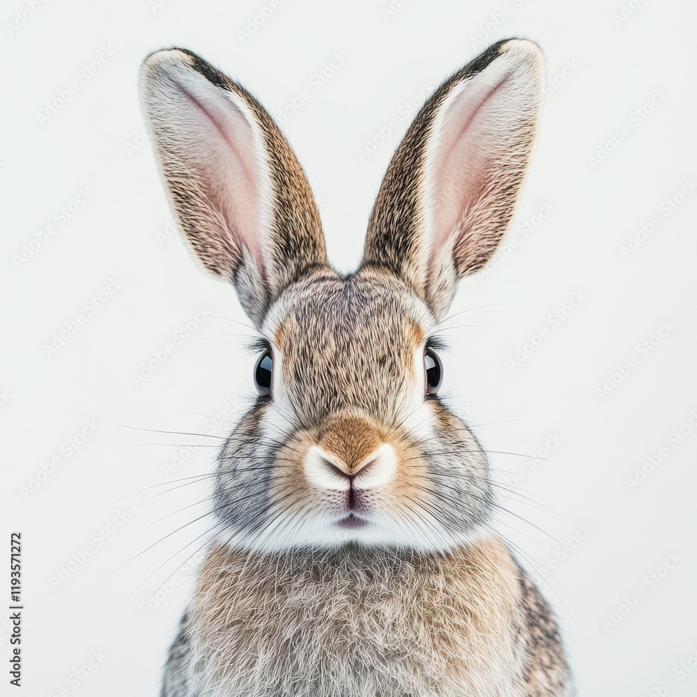 Obraz premium Curious Bunny Close-Up: A captivating close-up portrait of a curious bunny, its long ears perked up, nose twitching, and soft fur beautifully captured in a bright, soft-focus light.