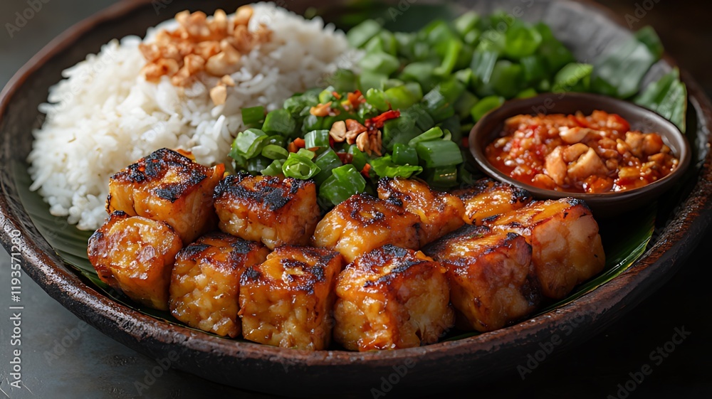 Grilled tofu cubes with rice, peanut sauce, and scallions. Grilled tofu cubes with rice, peanut sauce, and scallions.