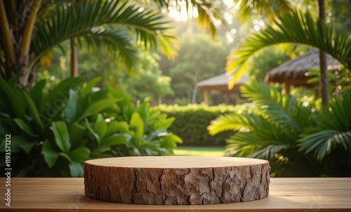 Wooden platform in lush tropical setting photo