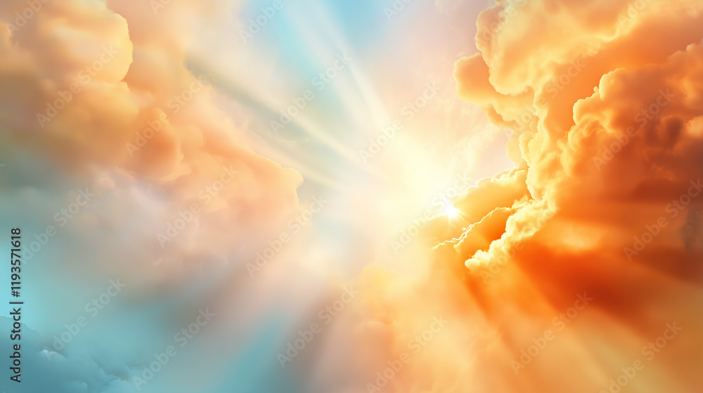 Fototapeta premium Bright sunrise over a sea of fluffy white clouds with vivid blue sky and golden sunlight streaming through.