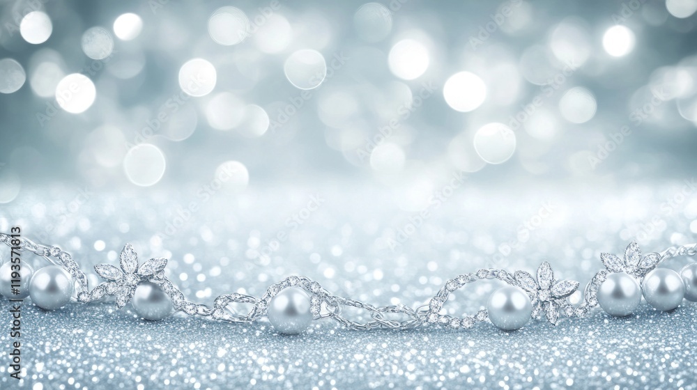Elegant pearl necklace with diamonds on a shimmering silver background. Elegant pearl necklace with diamonds on a shimmering silver background.