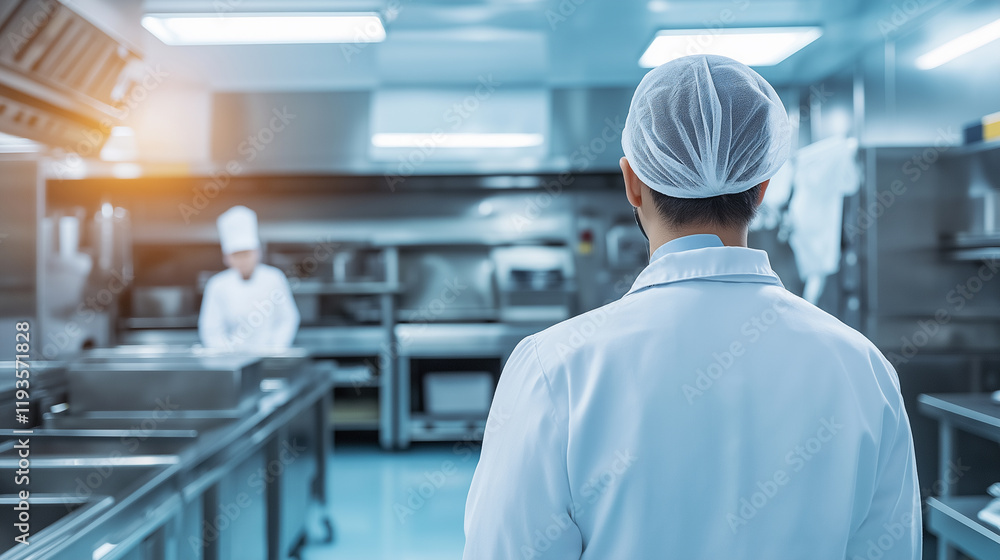 Back view of a factory worker wearing a hairnet and a white uniform in a clean, stainless steel industrial environment. Back view of a factory worker wearing a hairnet and a white uniform in a clean, stainless steel industrial environment.