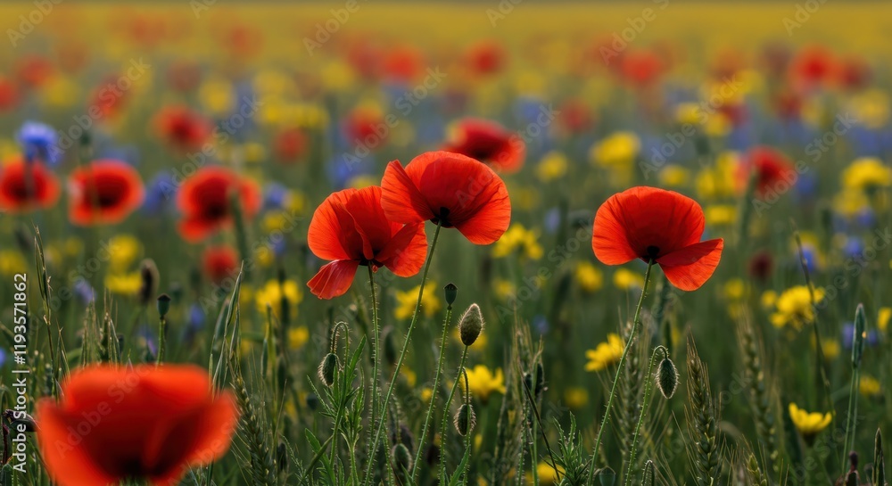 Obraz premium Vibrant Red Poppy Flowers in a Wildflower Meadow with Yellow and Blue Blooms