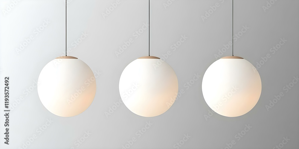 Fototapeta premium Three modern pendant light fixtures with round white shades and wooden accents, hanging against a light gray background. Concept Modern Pendant Lights, Round White Shades, Wooden Accents