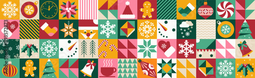 Merry Christmas and Happy New Year poster. Geometric design. Winter holidays. Abstract modern background. Seamless pattern. Set of icons in flat minimalist style. Vector illustration