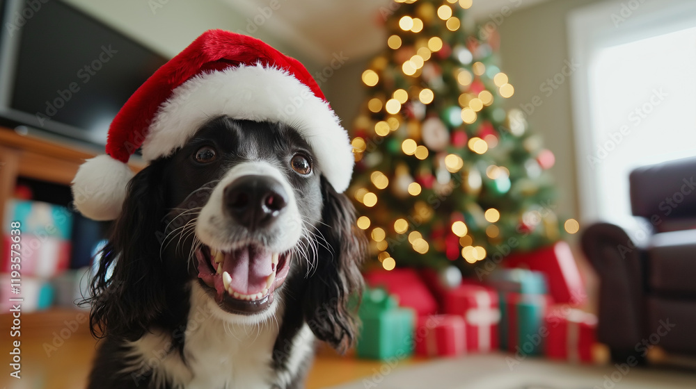 Smiling black-and-white dog wearing a Santa hat in a festive living room with a Christmas tree and presents. Smiling black-and-white dog wearing a Santa hat in a festive living room with a Christmas tree and presents.