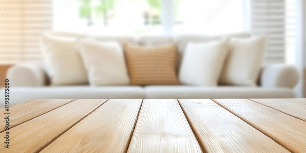 A softly lit room with a wooden table in the foreground and a cozy, blurred white sofa in the background. Concept Cozy Atmosphere, Soft Lighting, Wooden Table Decor, Blurred Background A softly lit room with a wooden table in the foreground and a cozy, blurred white sofa in the background. Concept Cozy Atmosphere, Soft Lighting, Wooden Table Decor, Blurred Background