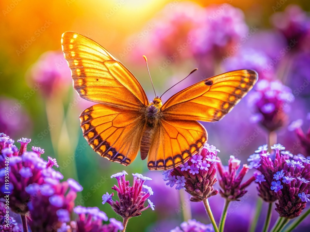 Fototapeta premium Macro Photography: Delicate Mauve Flowers and Vibrant Orange Butterfly