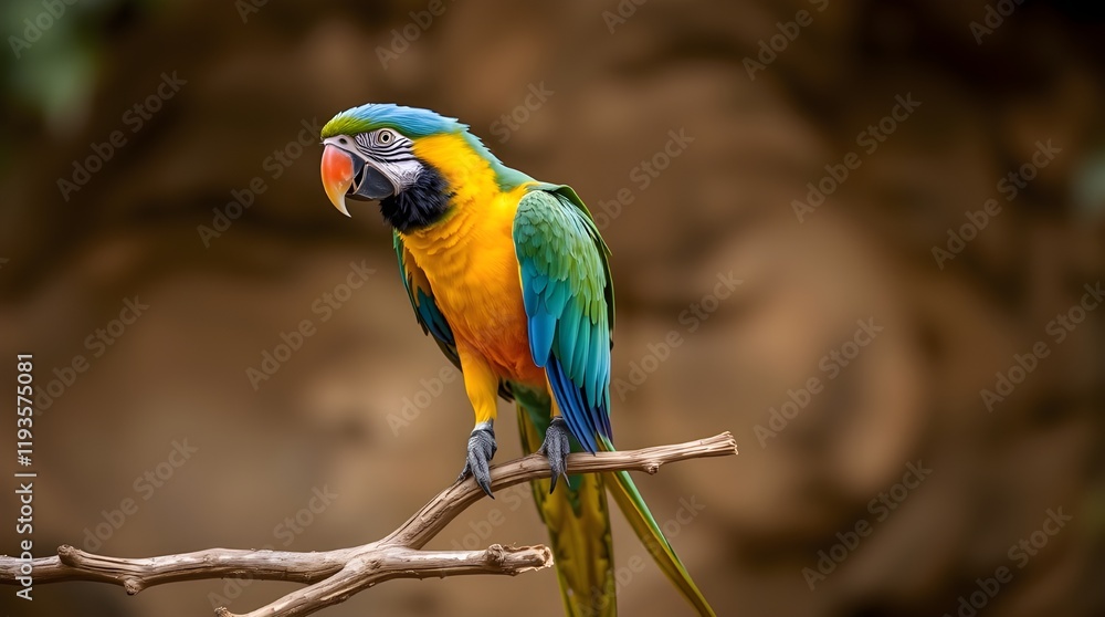A high-angle perspective reveals a parrot with bright, vibrant plumage perched on a branch, emphasizing the parrot's lively and energetic presence