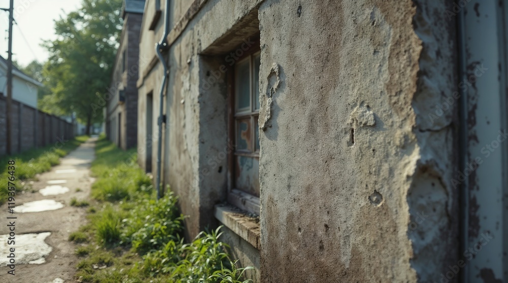 Weathered wall with peeling paint and window