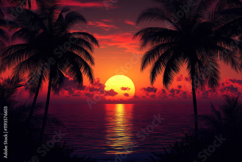 Tropical Sunset Paradise: Silhouetted palm trees frame a vibrant, fiery sunset over a calm ocean, creating a breathtaking tropical scene. 