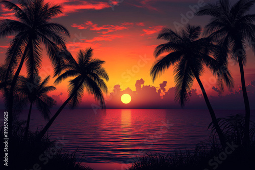 Tropical Sunset Silhouette: A breathtaking sunset over a tranquil ocean, framed by majestic palm trees silhouetted against a vibrant sky. The golden light casts a warm glow over the scene.