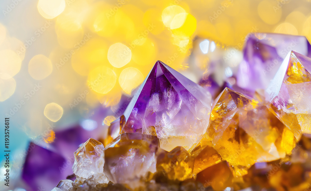 Vibrant amethyst crystals glowing with warm light surrounded by bokeh effects on a reflective surface. Vibrant amethyst crystals glowing with warm light surrounded by bokeh effects on a reflective surface.