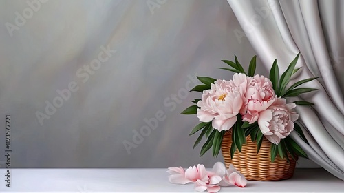Fototapeta Naklejka Na Ścianę i Meble -  Brightly lit peonies in varying shades of pink and red fill a woven basket, with petals scattered elegantly around a white table