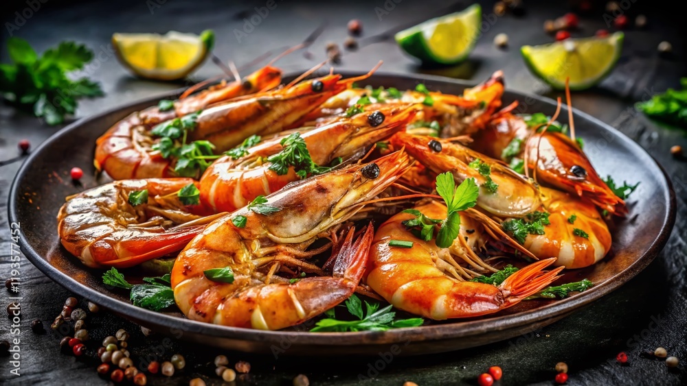 Macro Photo: Grilled Shrimp Close-up on Dark Plate – Delicious Seafood Appetizer Macro Photo: Grilled Shrimp Close-up on Dark Plate – Delicious Seafood Appetizer