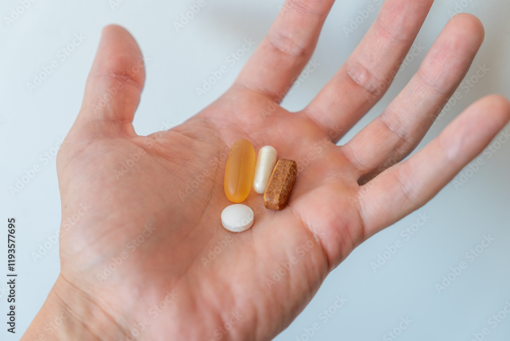 Close up of open hand holding various vitamins such as fish oil and other capsules and pills and round tablets on light background Close up of open hand holding various vitamins such as fish oil and other capsules and pills and round tablets on light background