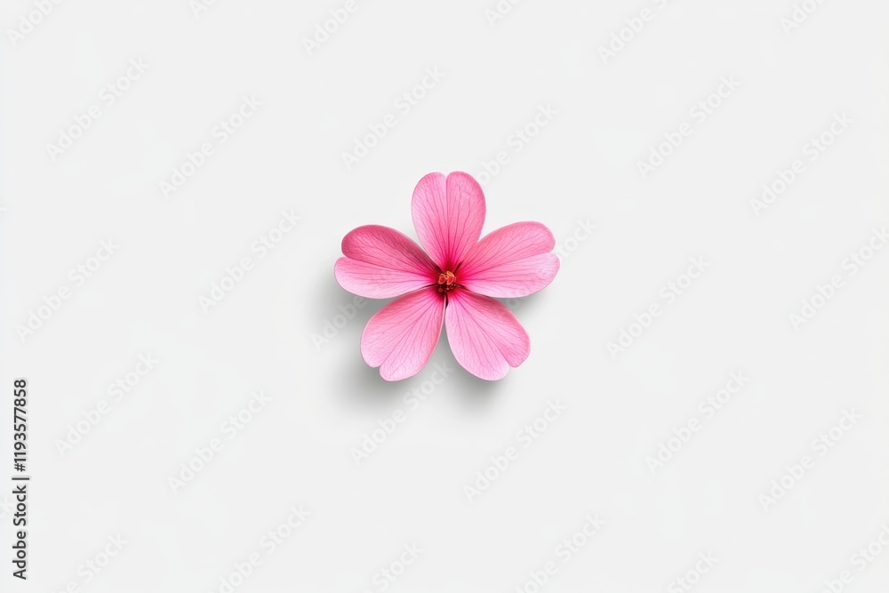 Obraz premium Close-up of a single pink flower with five petals on a clean white background, minimalistic and elegant.