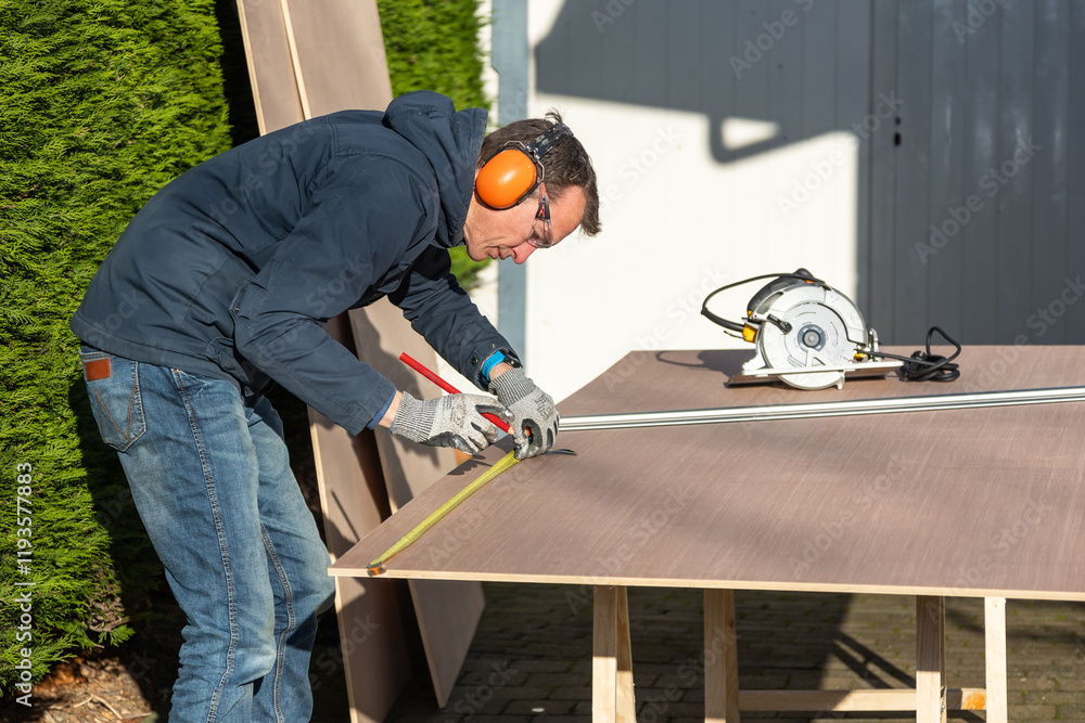 Male using ruler to measure board before cutting using an electric saw Male using ruler to measure board before cutting using an electric saw
