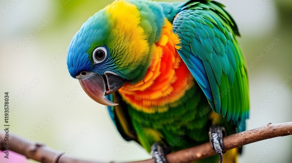 A professional fine art photograph depicts a parrot with bright blue, green, yellow, and red plumage perched on a brown branch with yellow flowers. The parrot's head is turned right, eyes meeting the A professional fine art photograph depicts a parrot with bright blue, green, yellow, and red plumage perched on a brown branch with yellow flowers. The parrot's head is turned right, eyes meeting the