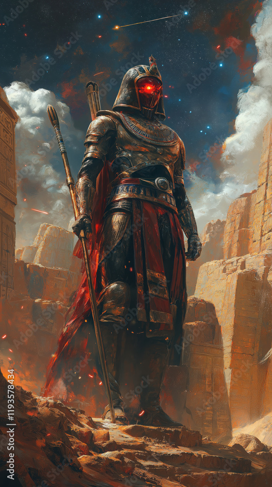 Naklejka premium Ancient Pharaoh with Starry Helmet and Glowing Red Gemstones Holding Scepter in Front of Ruined Temple Under Desert Sky