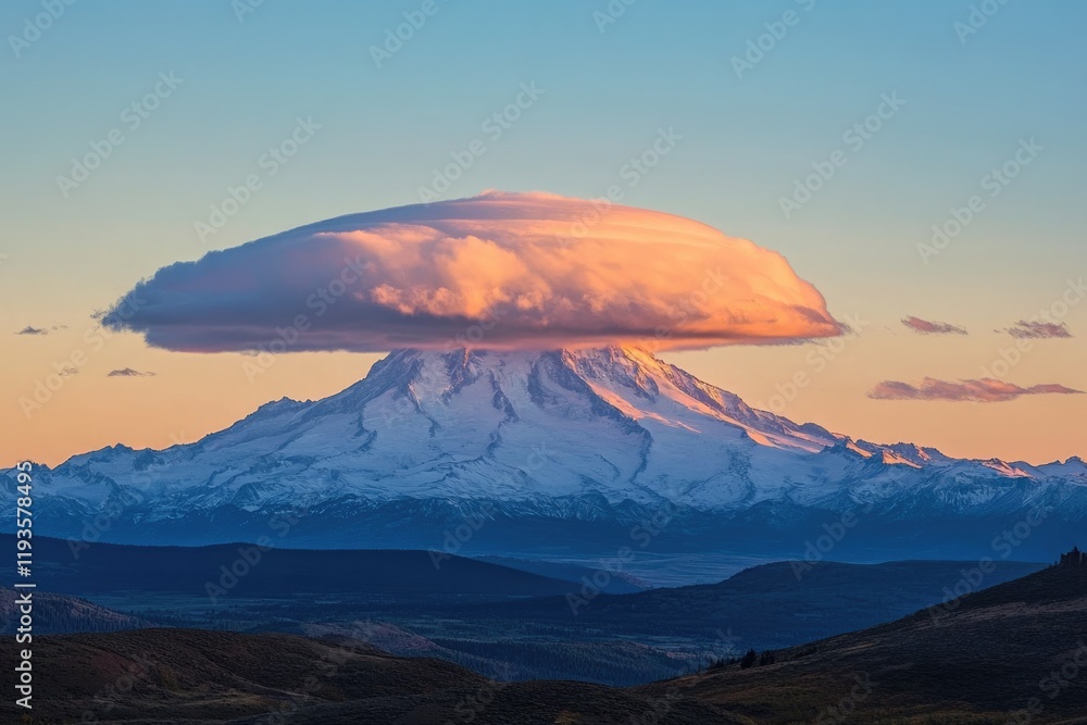 Fototapeta premium Majestic snow-capped mountain peak at sunset, dramatically capped by a lenticular cloud.